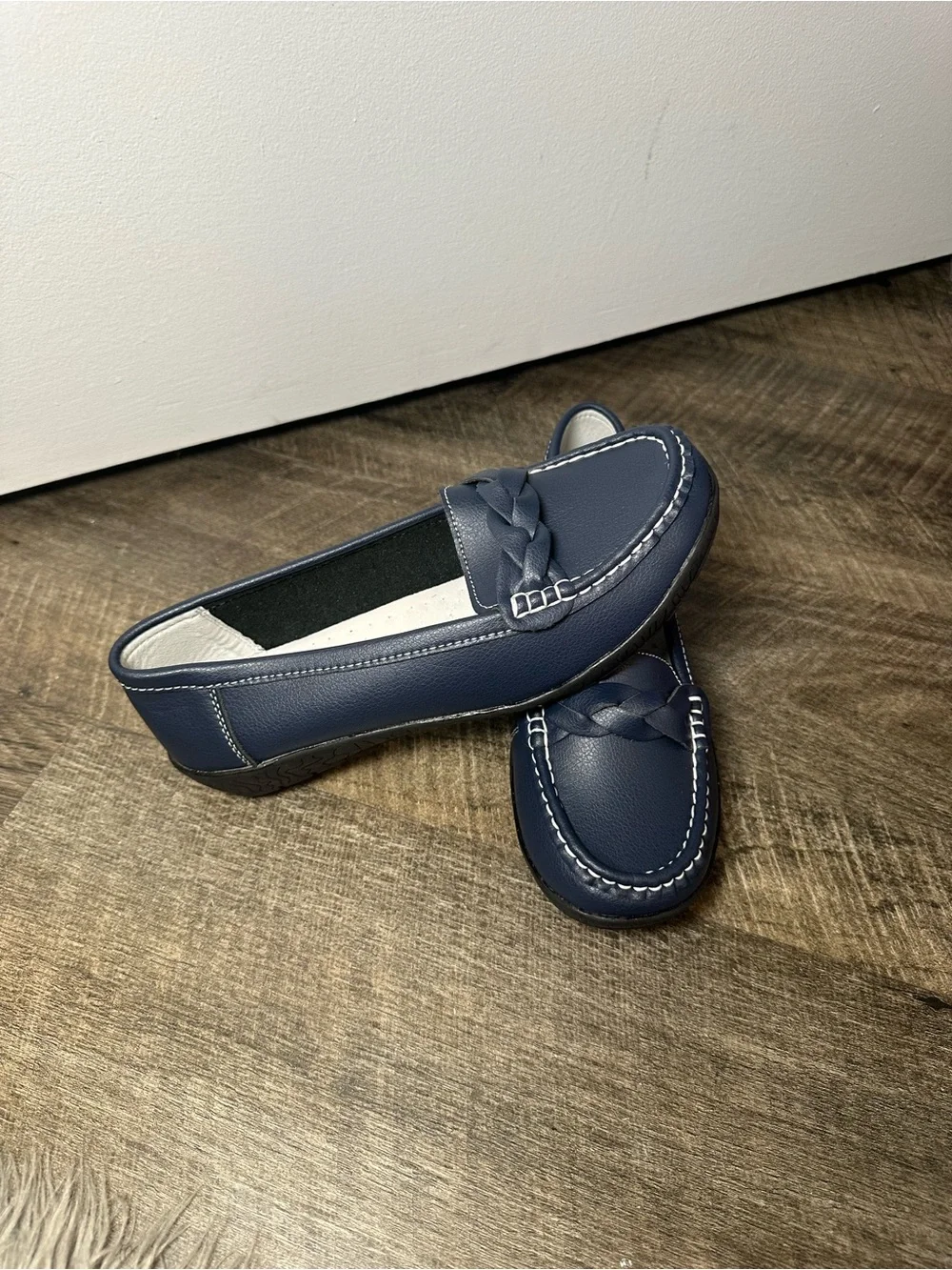 HAJINK Women’s Navy Braided Loafers Slip On Moccasin Flats Contrast Stitching
